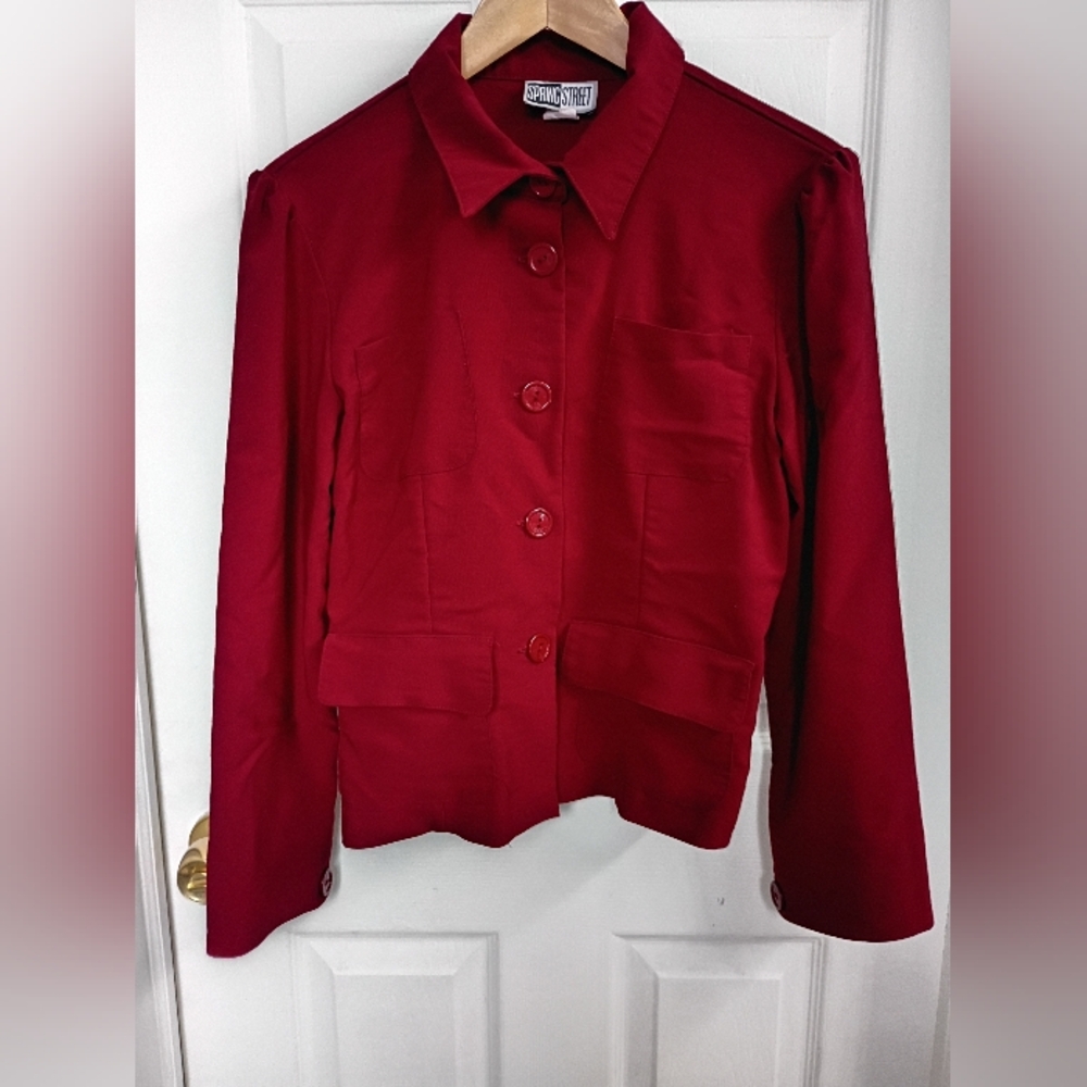 90s Women's Red Blazer with Red Buttons and Pockets